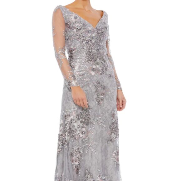 MAC DUGGAL 67539 EMBELLISHED V-NECK ILLUSIONS LONG SLEEVE PLATINUM GOWN sz 20W - Picture 3 of 7
